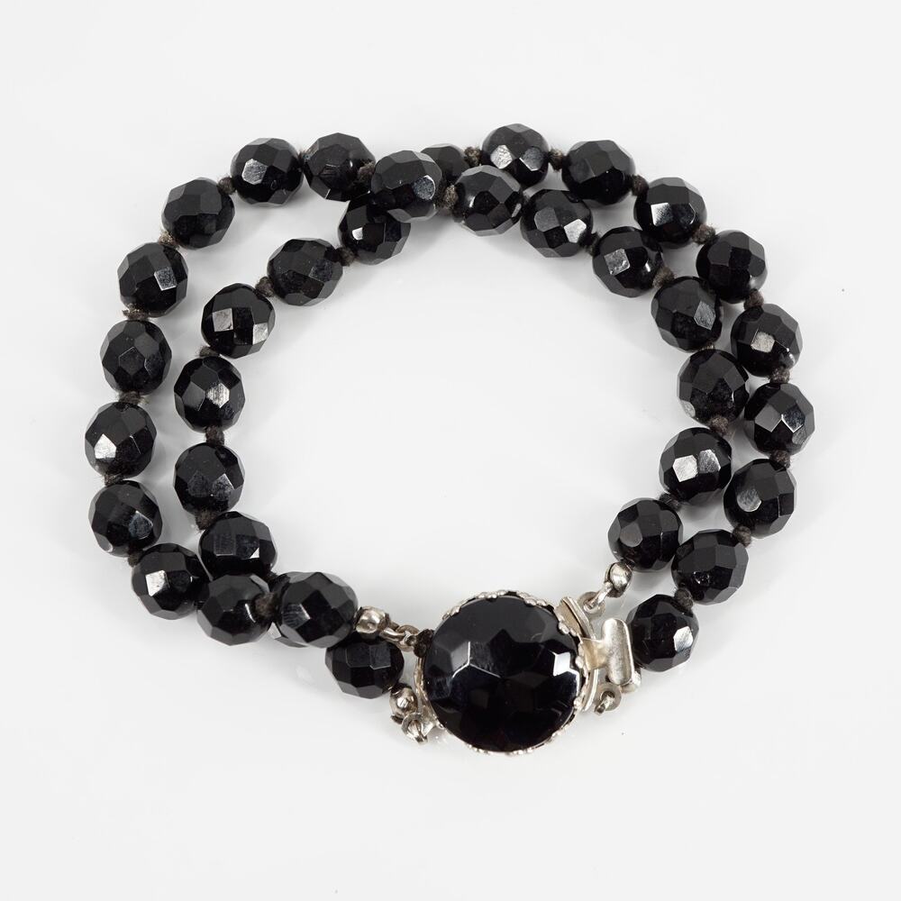 Vintage Austria Black Faceted Glass Two Strand Bracelet 7 1/4 Goth Retro